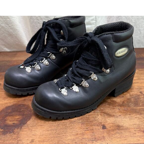 Vintage 90's Women's Black Lugz Size 6.5 Leather Workwear Grunge Chunky Heel - Picture 1 of 16